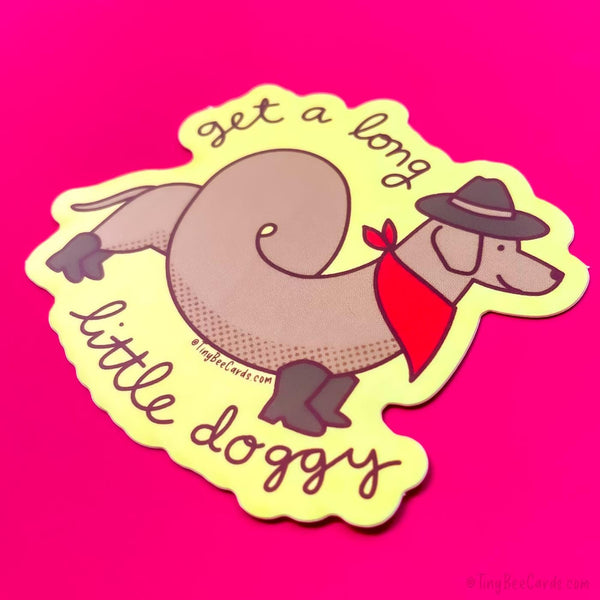 COWBOY DACSHUND VINYL STICKER " GET A LONG LITTLE DOGGY"