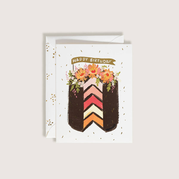 CHOCOLATE LAYERED CAKE FLOWERS HAPPY BIRTHDAY GREETING CARD