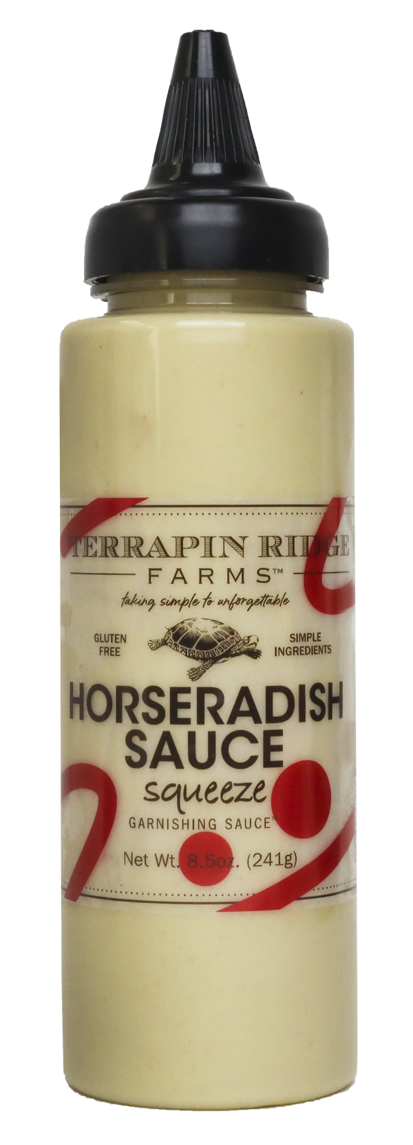 A bottle of Horseradish Aioli garnishing sauce with a black squeeze dispenser.