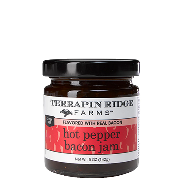 A jar of Terrapin Ridge Farms Hot Pepper Bacon Jam with the label facing forward. The net weight is indicated as 5 oz (153g).