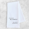 White towel with black text on a light gray background