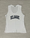 White tank top with 'DELAWARE' printed on it against a textured gray background