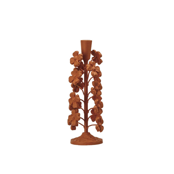 CAST IRON FLOWERS TAPER HOLDER, TERRA-COTTA COLOR