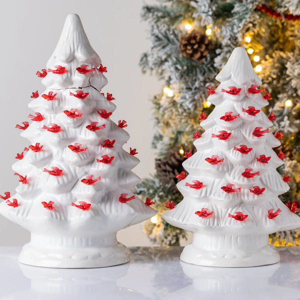WHITE CERAMIC LIGHT UP CARDINAL TREE