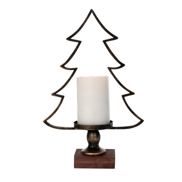METAL/WOOD TREE CANDLE HOLDER
