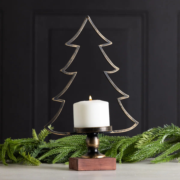 METAL/WOOD TREE CANDLE HOLDER