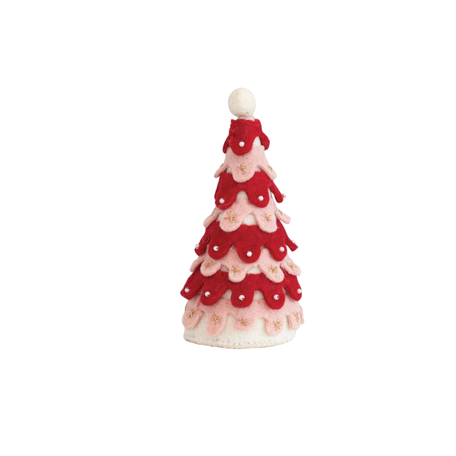 A handmade wool felt Christmas tree decoration with red trunk and green branches, adorned with beads, embroidery, and a white pom-pom on top.