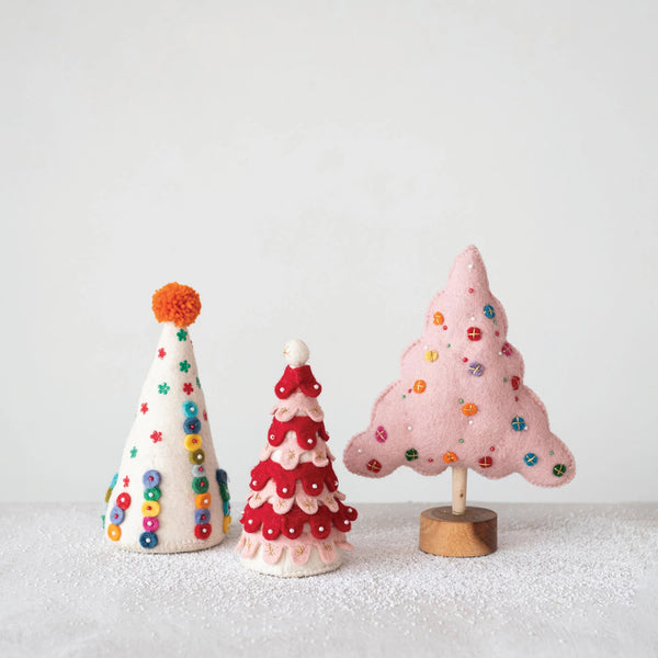 3 1/4" ROUND x 9"H HANDMADE WOOL FELT TREE W/ EMBROIDERY