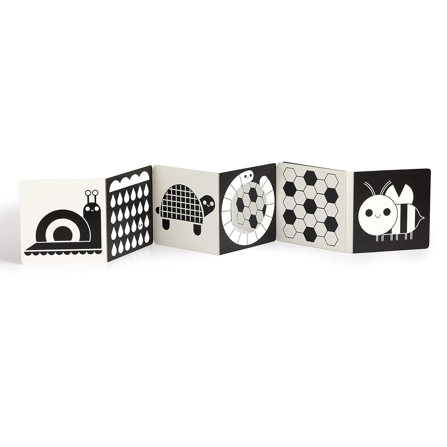 Children's board book with black and white illustrations on a white background