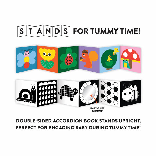 Double-sided accordion book with colorful illustrations and text 'Stands for Tummy Time' on a white background.