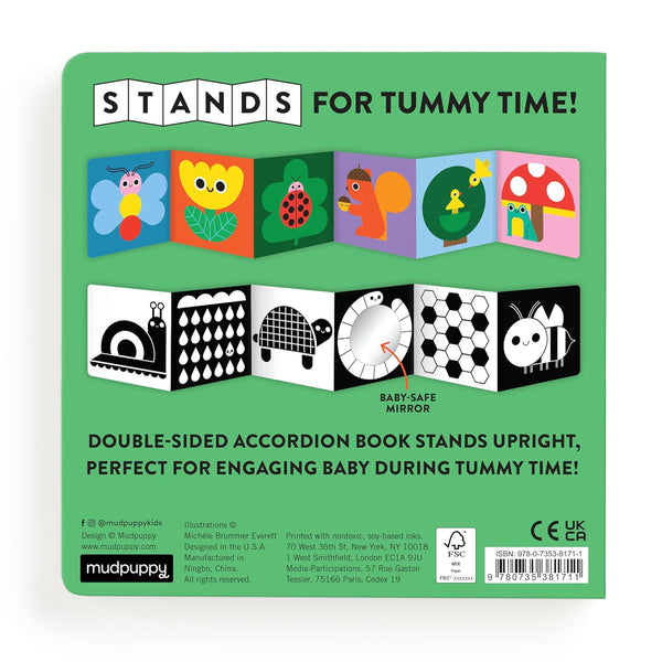 Back cover of a children's book with colorful illustrations and text on a green background