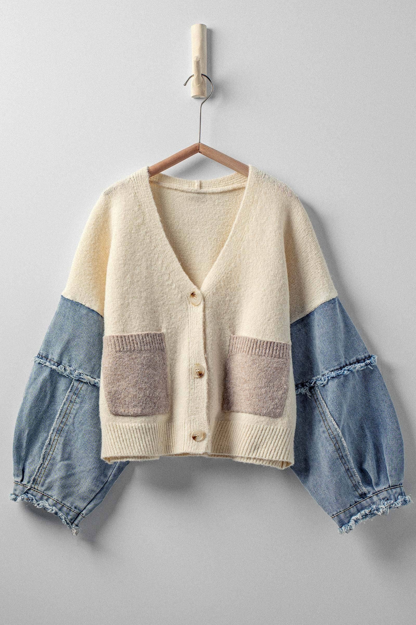GRAY DENIM SLEEVE KNIT CARDIGAN