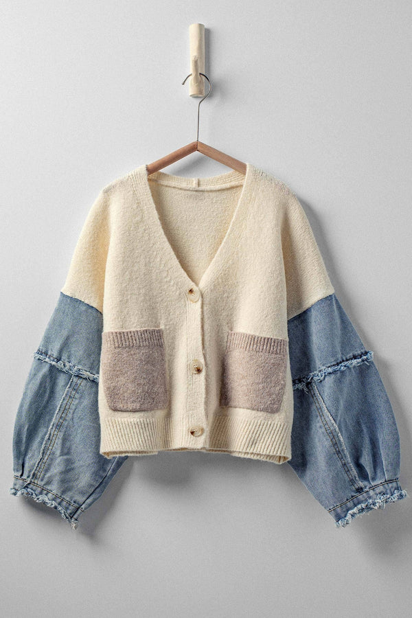 GRAY DENIM SLEEVE KNIT CARDIGAN