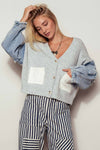 GRAY DENIM SLEEVE KNIT CARDIGAN