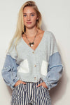 GRAY DENIM SLEEVE KNIT CARDIGAN