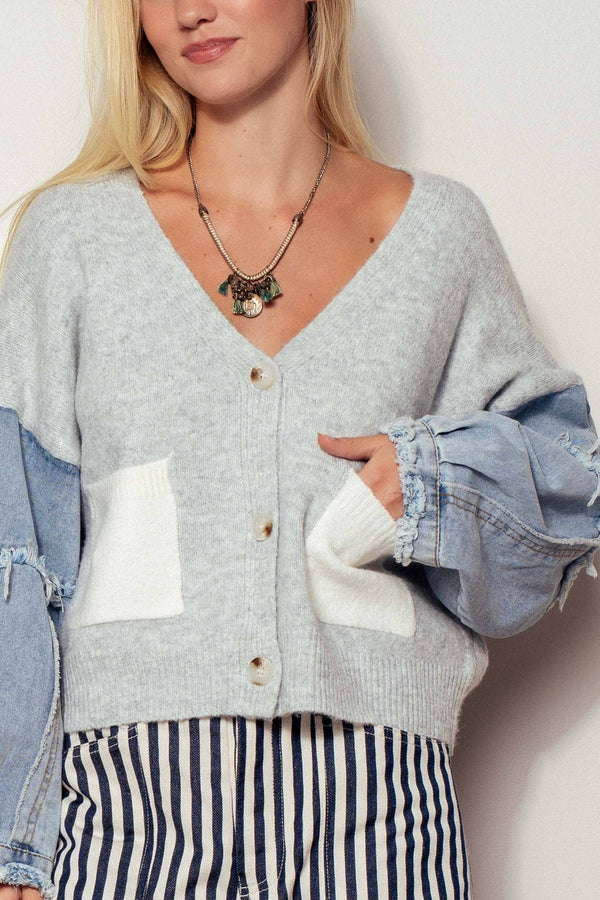 GRAY DENIM SLEEVE KNIT CARDIGAN