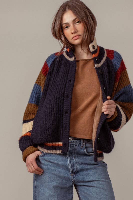 CHUNKY RIB-KNIT FAUX FUR LINED CARDIGAN