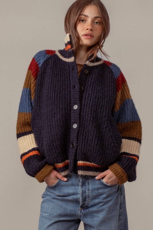 CHUNKY RIB-KNIT FAUX FUR LINED CARDIGAN