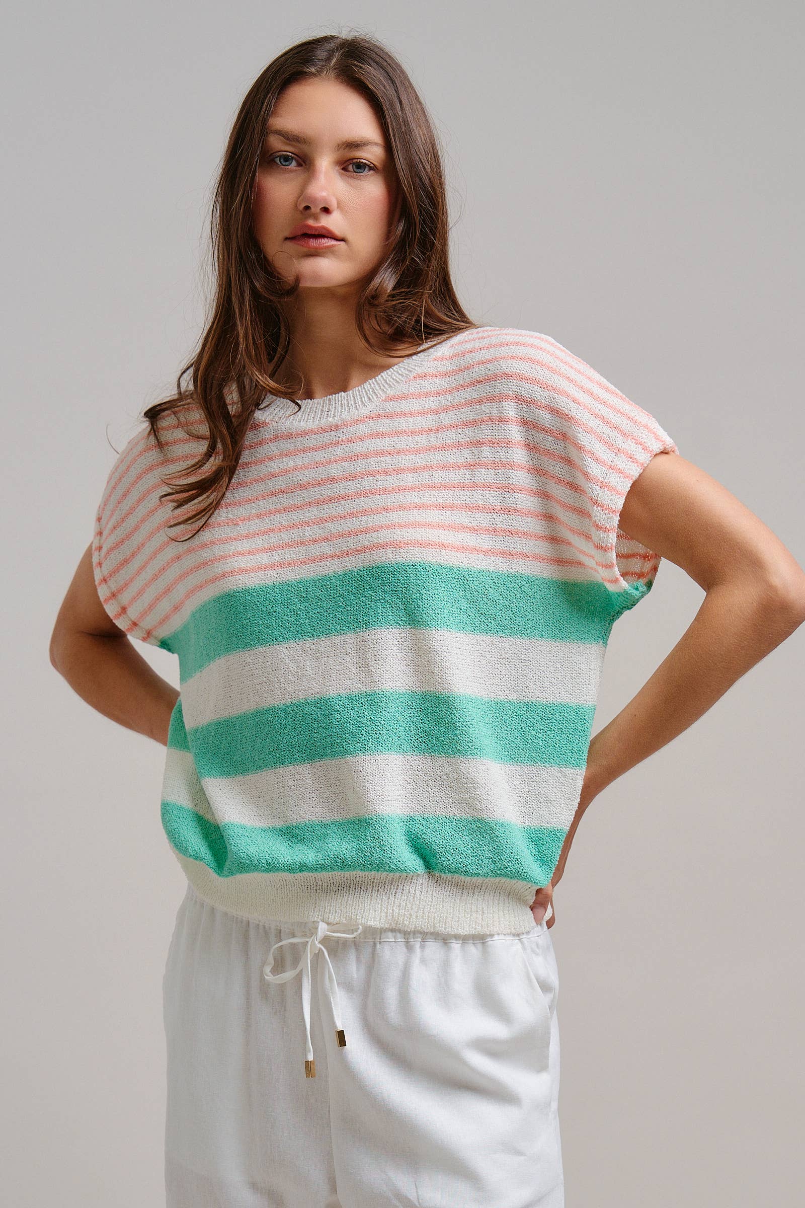 RETRO STRIPED TEXTURED KNIT SWEATER TEE