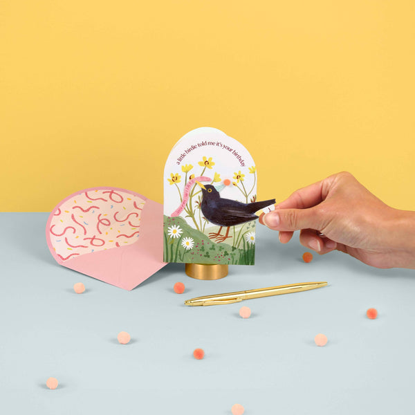 PUN FILLED PULL-TAB BIRTHDAY CARD W/ BIRD & WORM