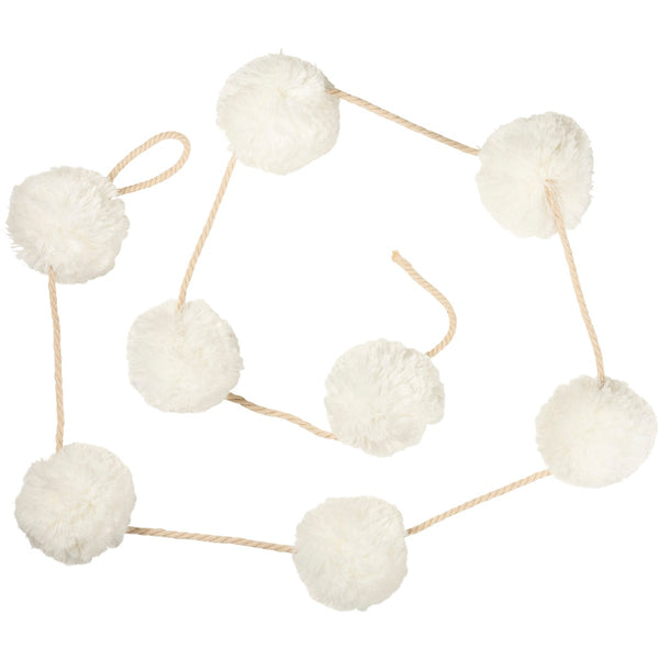 A white pom pom garland with fluffy pompoms arranged on a cord, suitable for holiday decorations.