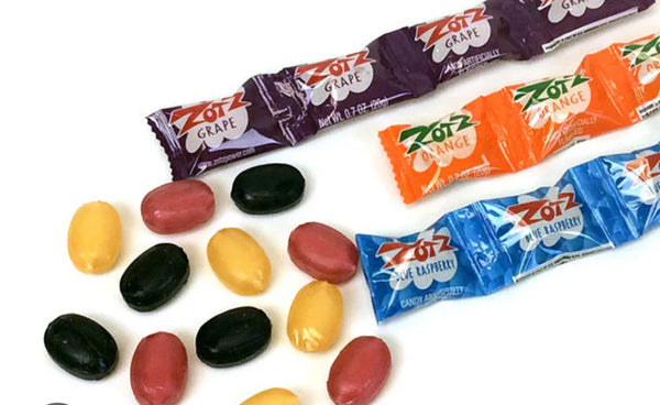 ZOTZ FIZZING CANDY STRINGS, BLUE/ORANGE/GRAPE