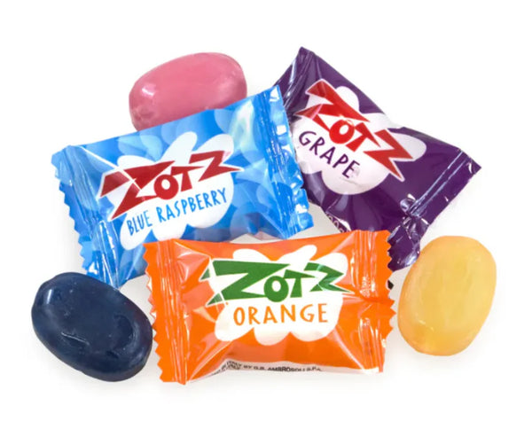 ZOTZ FIZZING CANDY STRINGS, BLUE/ORANGE/GRAPE
