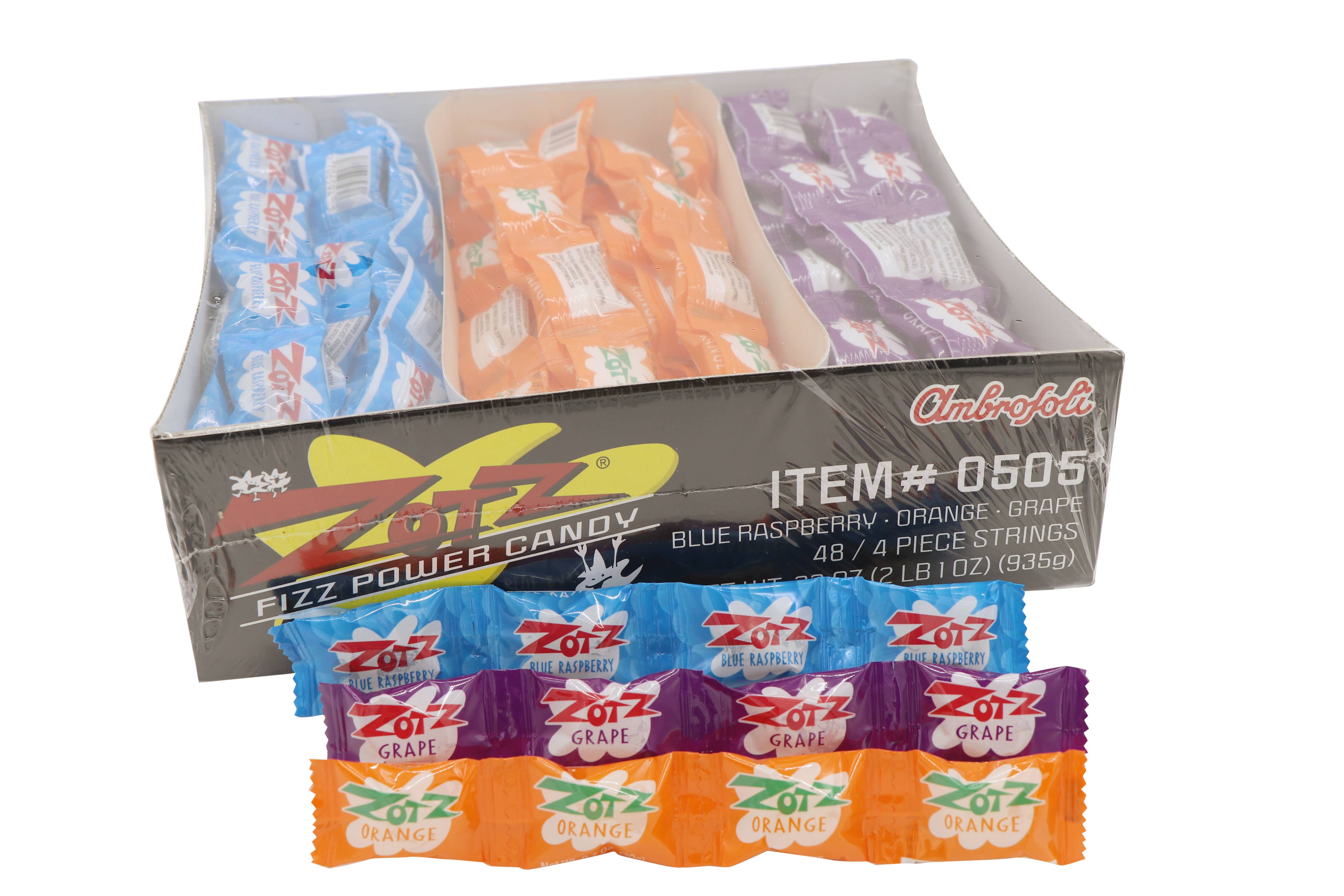 ZOTZ FIZZING CANDY STRINGS, BLUE/ORANGE/GRAPE