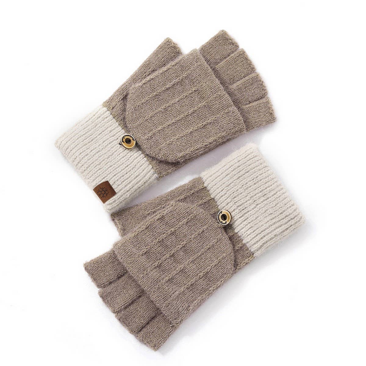A pair of knit fingerless gloves in taupe and cream, featuring a snap-button closure and a small brown leather brand patch.