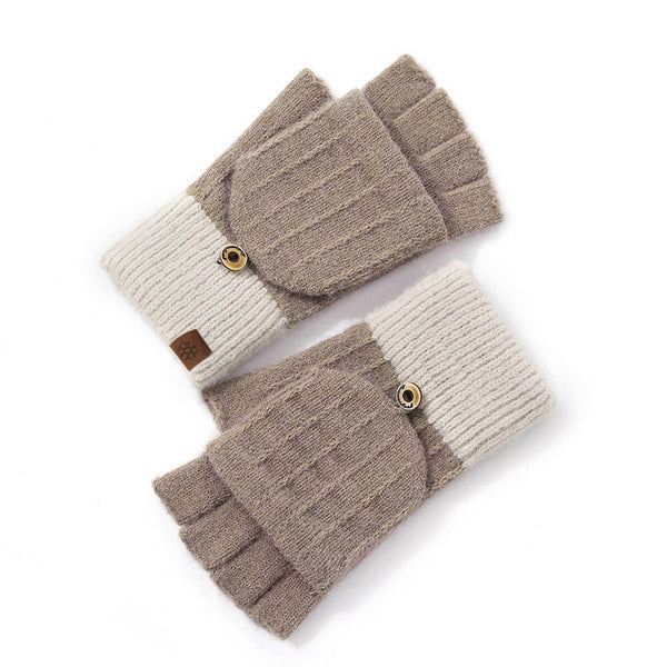 A pair of knit fingerless gloves in taupe and cream, featuring a snap-button closure and a small brown leather brand patch.
