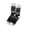 Pair of black and white patterned socks on a white background