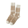 Pair of brown and white patterned socks on a white background