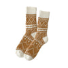 Pair of brown and white patterned socks on a white background