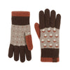 Pair of gloves with brown, beige, and red pattern on a white background