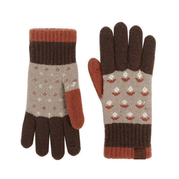 Pair of gloves with brown, beige, and red pattern on a white background
