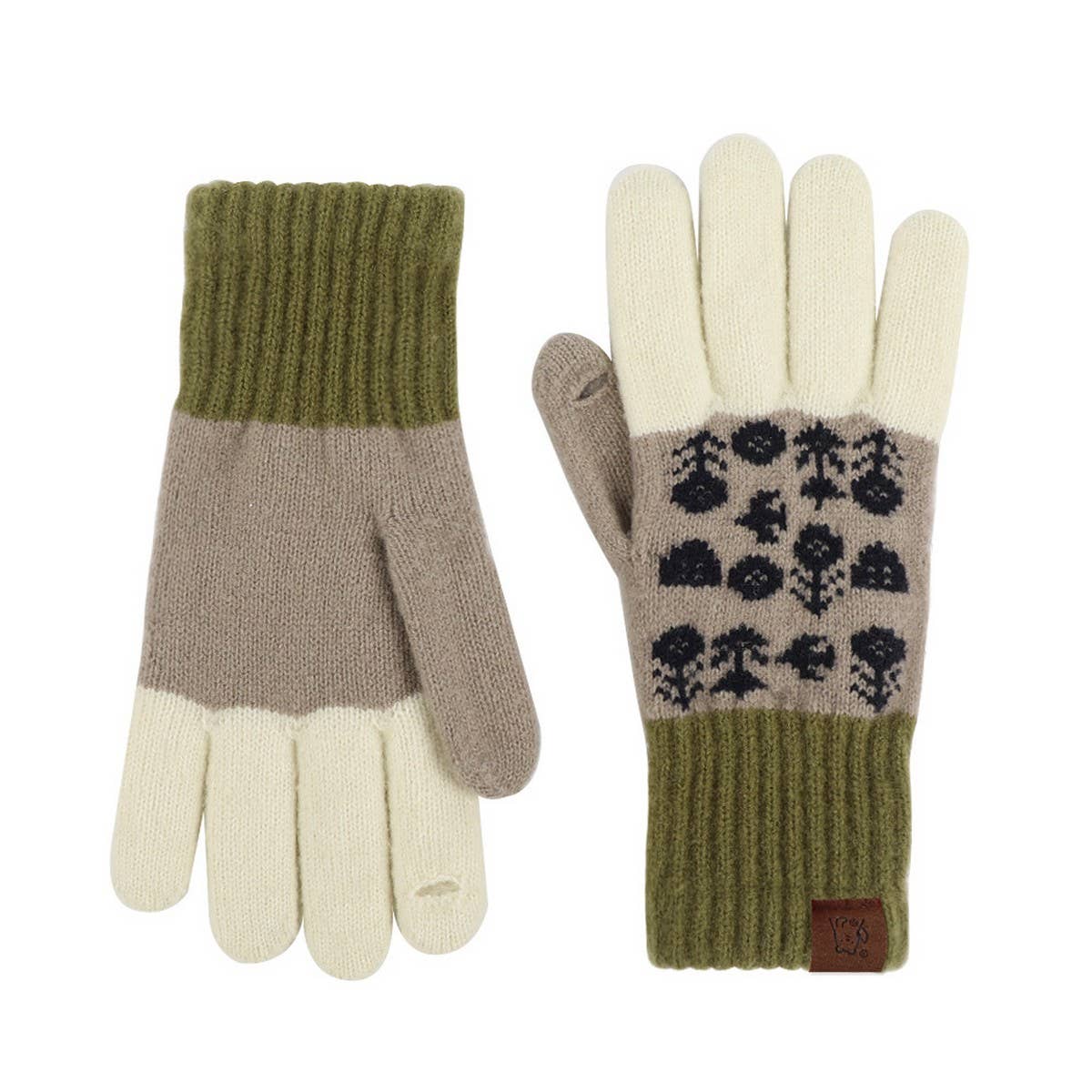 Pair of gloves with a patterned cuff on a white background