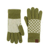 Pair of green gloves with patterned cuff on a white background