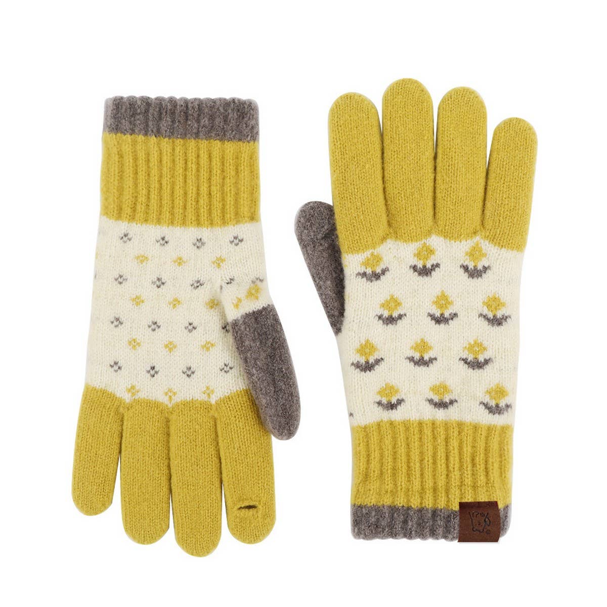 Pair of gloves with yellow, gray, and white pattern on a white background