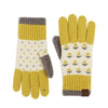 Pair of gloves with yellow, gray, and white pattern on a white background