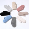 Set of colorful mittens arranged in a circular pattern on a white background