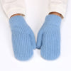 A pair of light blue ribbed knit mitten gloves worn on hands with white cuffs visible, photographed against a clean white background.