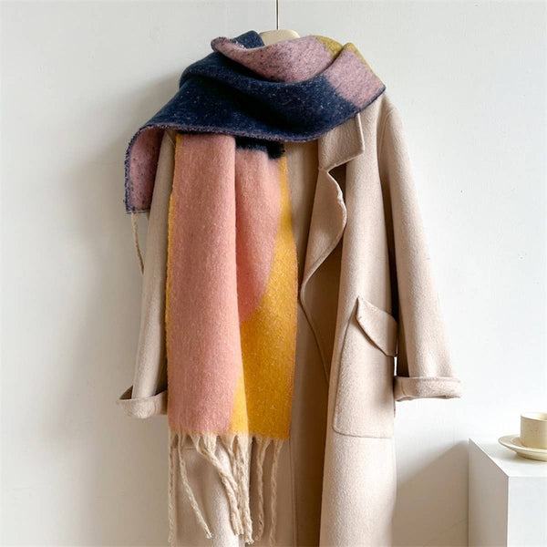 GEOMETRIC FRINGE THICK COLORBLOCK SHAWL SCARF