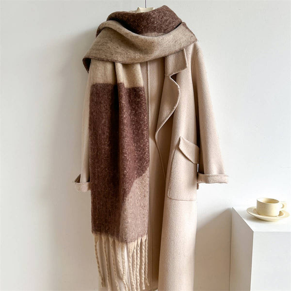 GEOMETRIC FRINGE THICK COLORBLOCK SHAWL SCARF