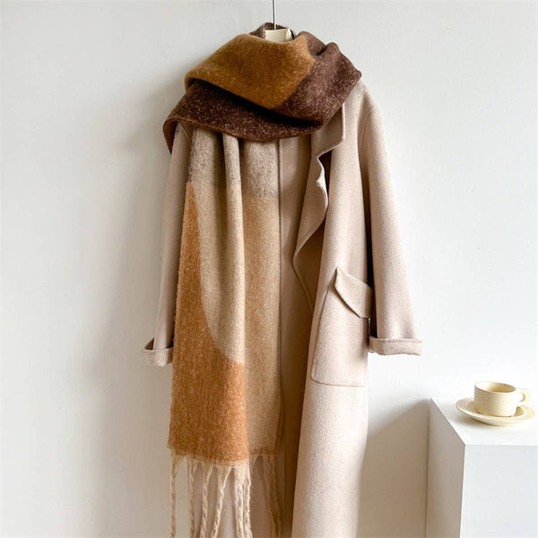 GEOMETRIC FRINGE THICK COLORBLOCK SHAWL SCARF