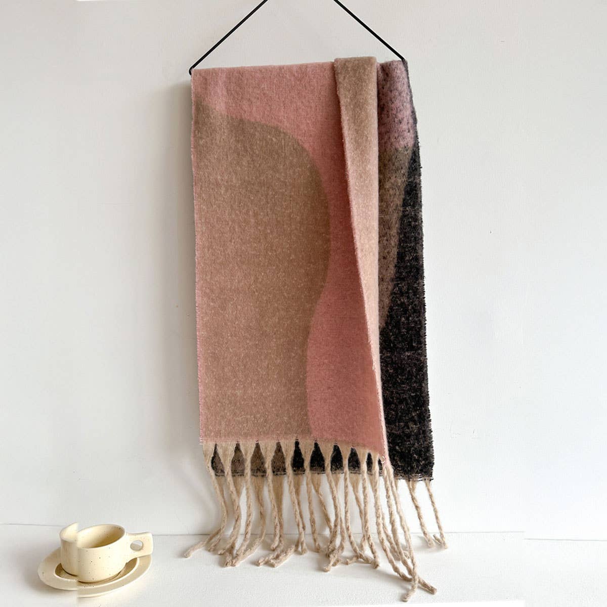 GEOMETRIC FRINGE THICK COLORBLOCK SHAWL SCARF