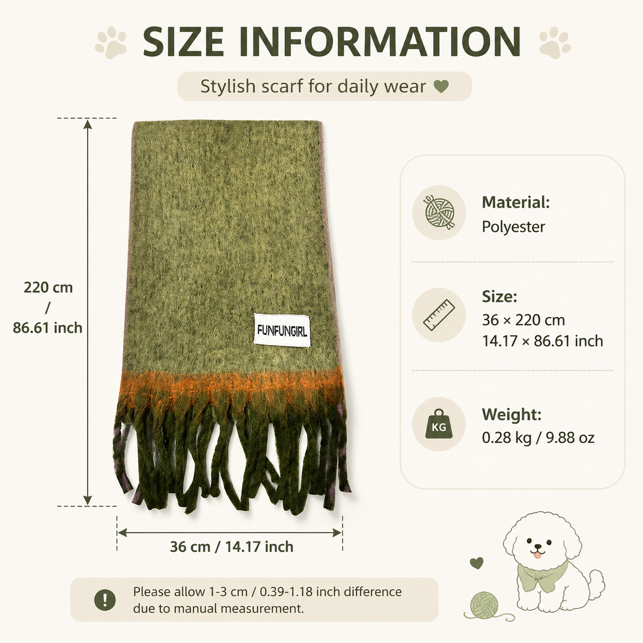 Size information graphic for a green pet scarf, showing the product with dimensions labeled as 220 cm in height and 36 cm in width, plus material, size, and weight details on a light beige background.