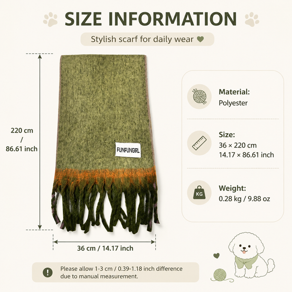 Size information graphic for a green pet scarf, showing the product with dimensions labeled as 220 cm in height and 36 cm in width, plus material, size, and weight details on a light beige background.
