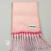 A light pink fuzzy scarf with a darker pink gradient band near the fringe and a white brand label reading 'FUNFUNGIRL' on a light gray background.