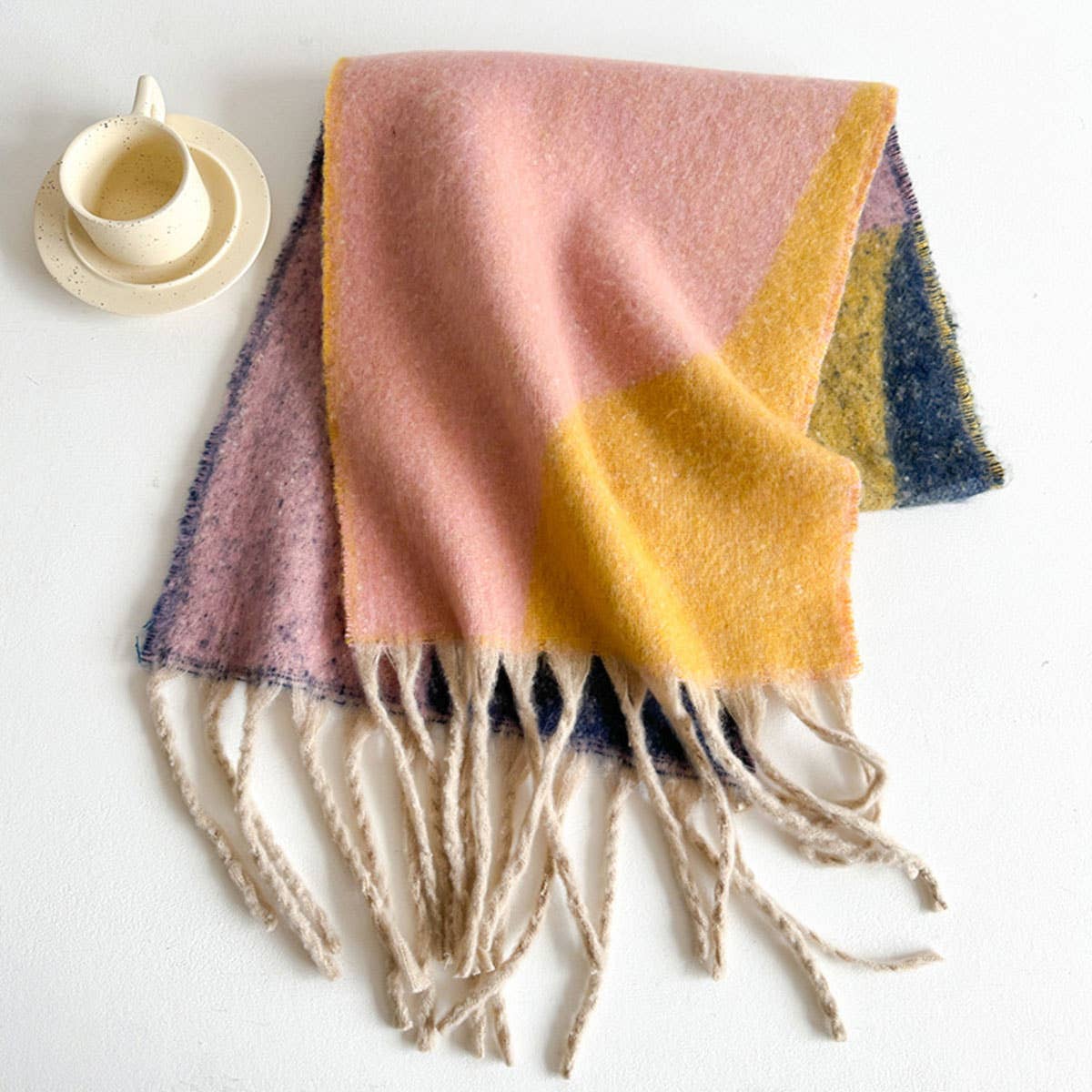 GEOMETRIC FRINGE THICK COLORBLOCK SHAWL SCARF