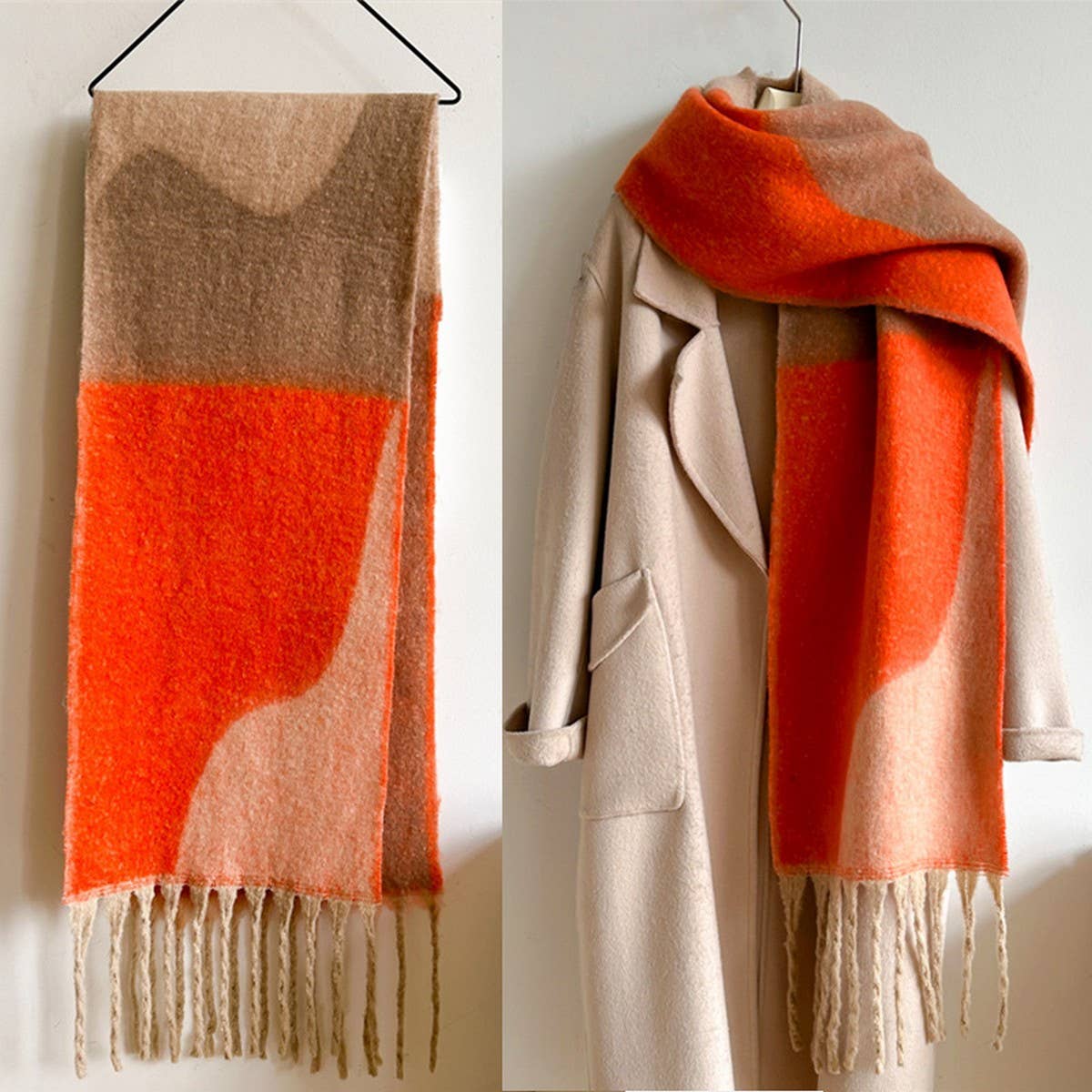 GEOMETRIC FRINGE THICK COLORBLOCK SHAWL SCARF